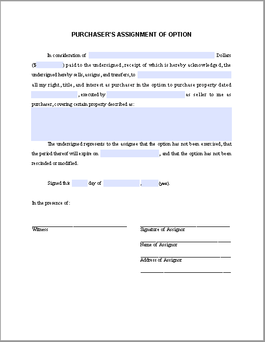 Purchasers Assignment of Option Notice
